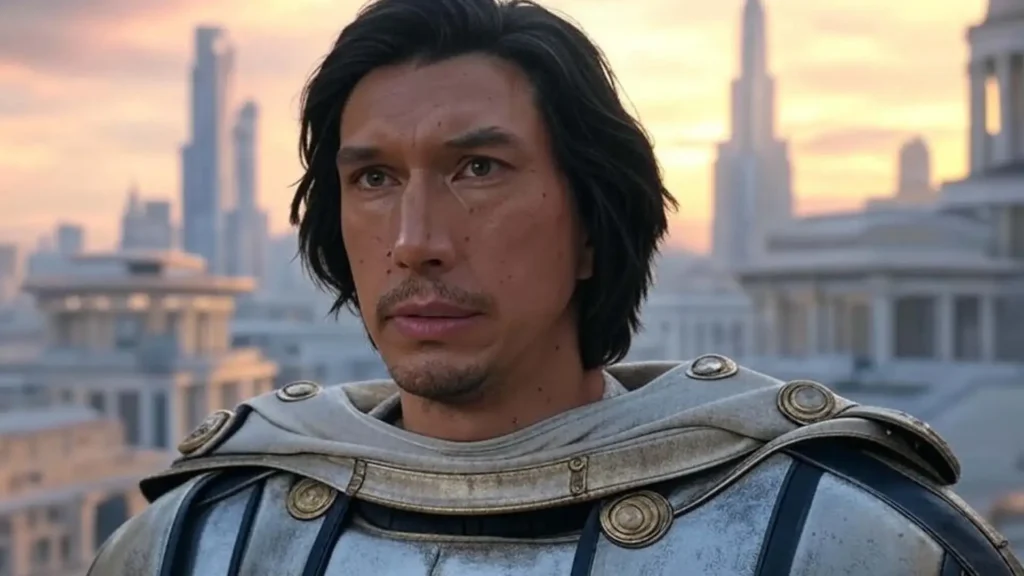 Megalopolis: "Adam Driver, Giancarlo Esposito, Nathalie Emmanuel in utopian cityscape"